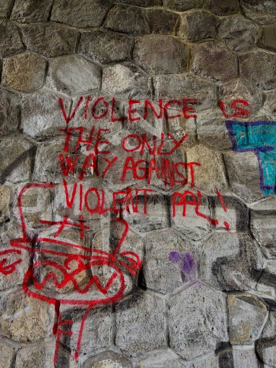 Mur de pierre recouvert d'un graffiti rouge : « Violence is the only way against violent ppl ! »